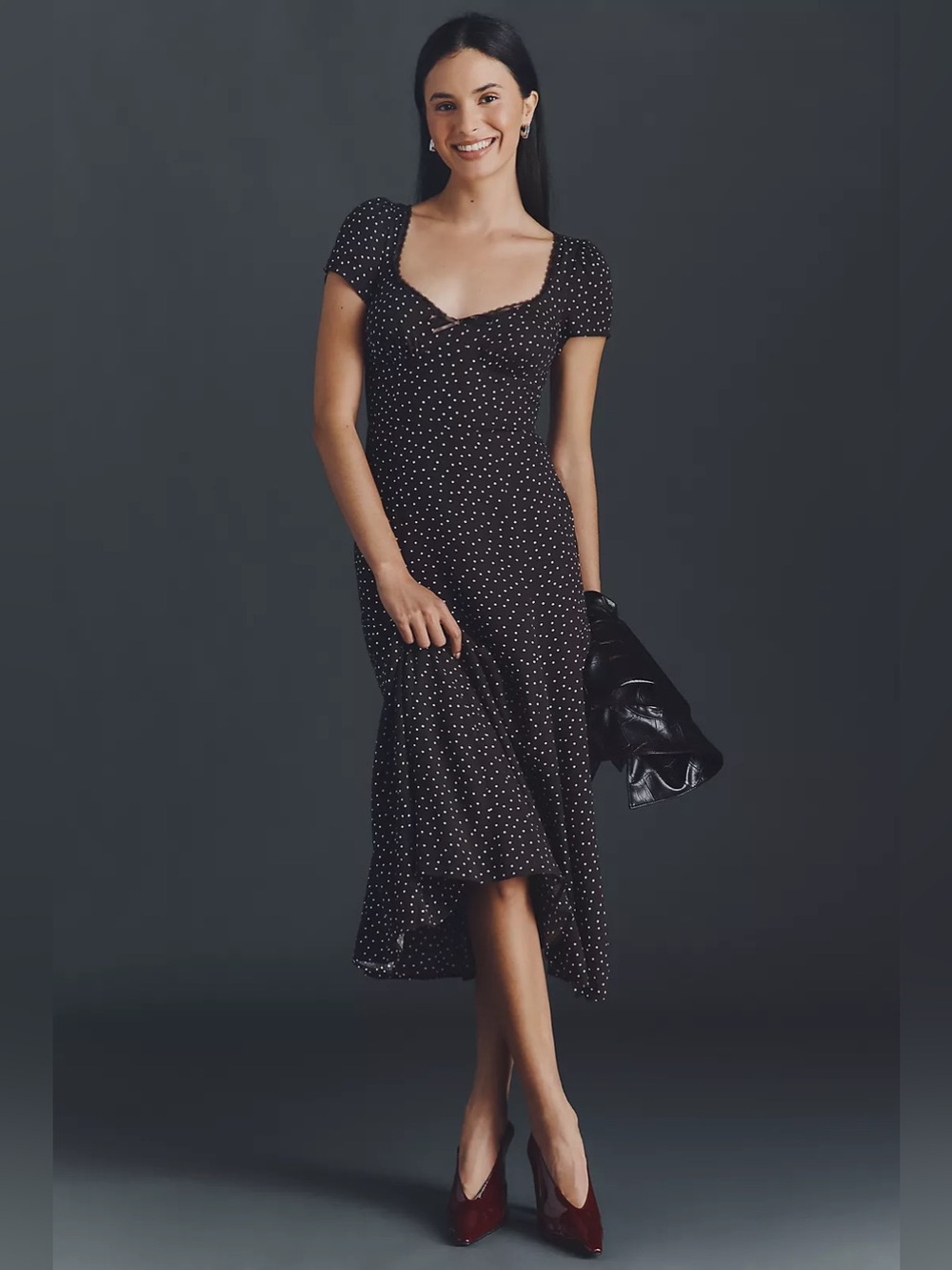NWT Reformation Afton Short-Sleeve A-Line Midi Dress Anthropologie Polka Dot